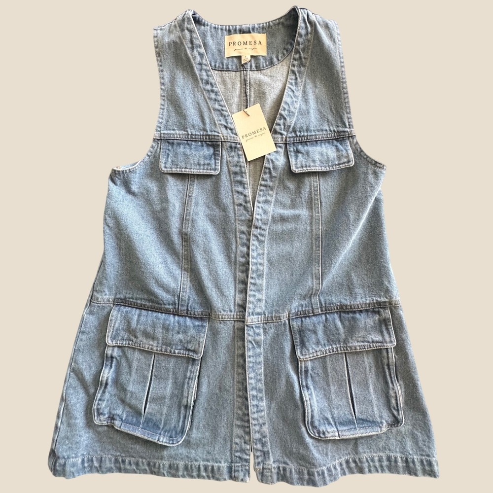 Promesa Denim Utility Vest Dress Light Wash Blue Cargo Pockets Small NEW